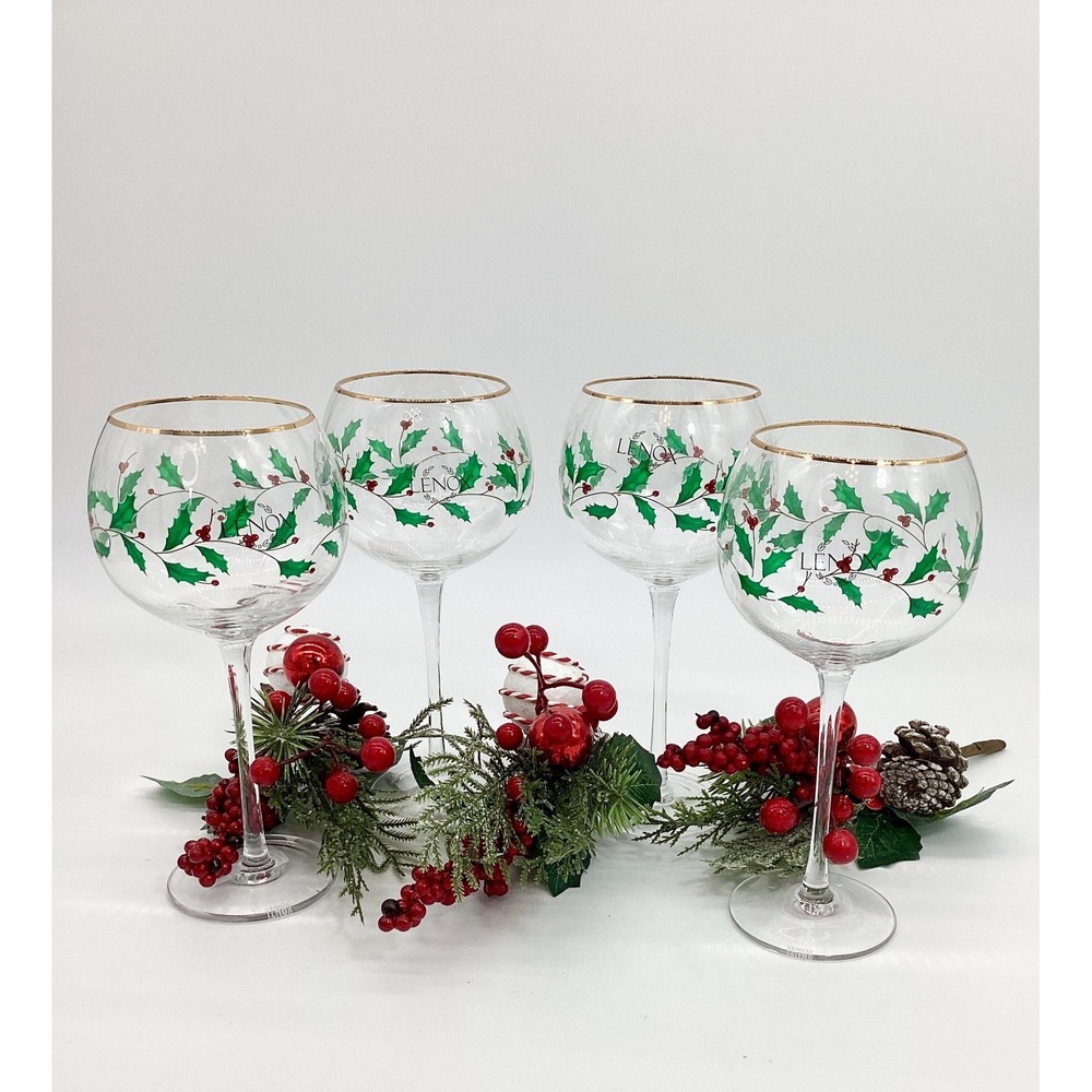 Lenox Christmas Wine Glasses, Set of 8: Gold Rim Holly Barware  (TBL) - Picture 7 of 11